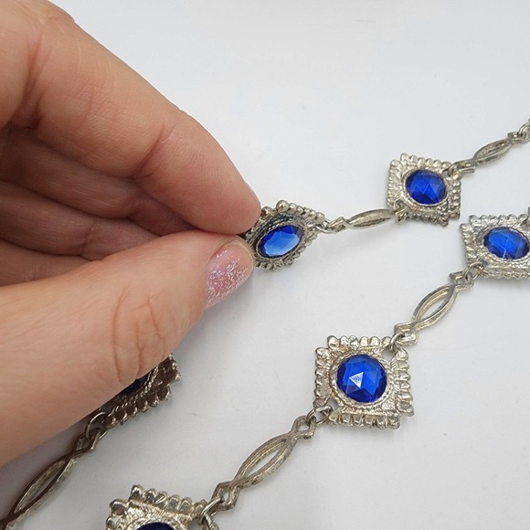 Vintage 1970s Blue Bezel Set Stations Tassel Necklace Hippie 32" Multi Chain - Picture 6 of 7